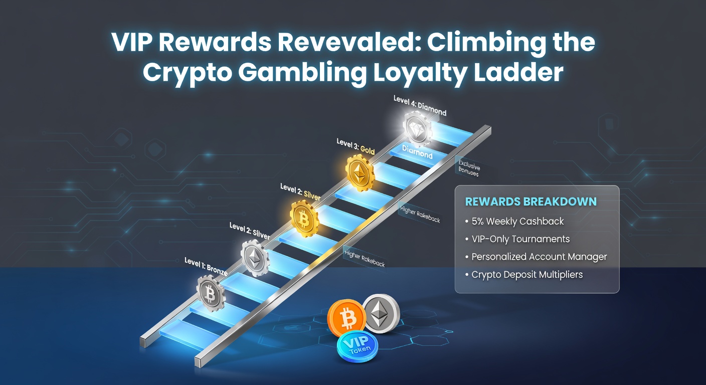 Detaillierte Infografik zu VIP-Stufen mit Icons für Cashback, Boni und exklusive Events im Krypto-Glücksspiel