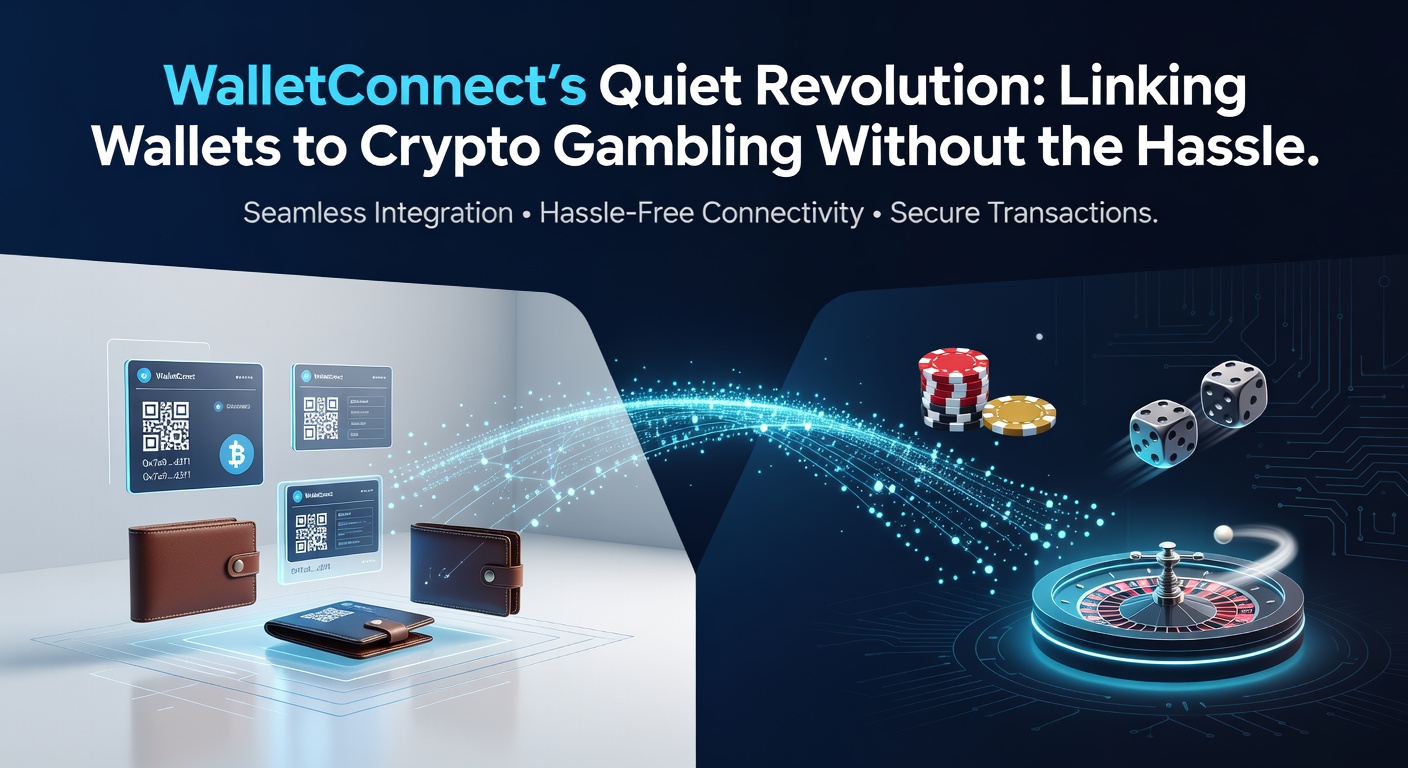 WalletConnect-Verbindung zwischen Krypto-Wallet und Glücksspiel-DApp, visualisiert durch ein nahtloses Link-Symbol auf einem Smartphone-Bildschirm