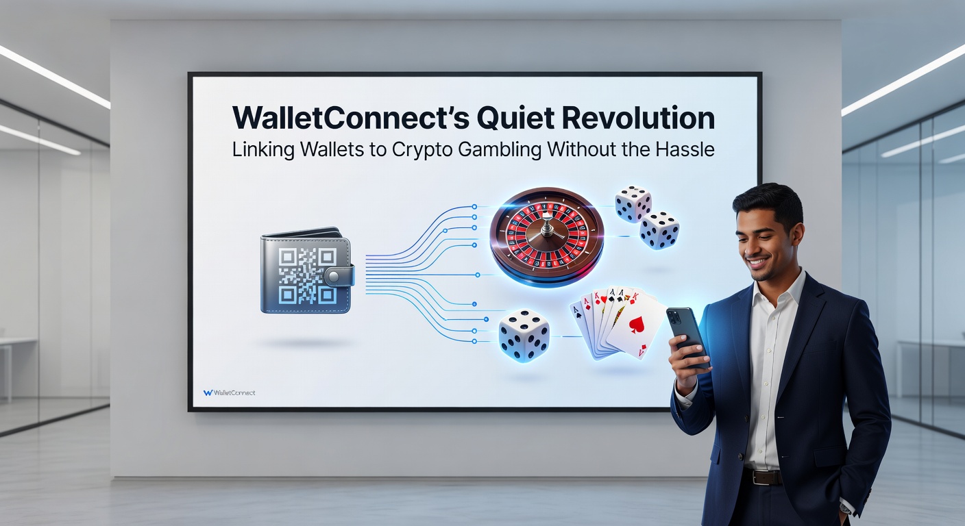 Grafik einer WalletConnect-Session im Krypto-Glücksspiel, die schnelle Transaktionen zwischen Wallet und Plattform darstellt, inklusive QR-Code und Chain-Icons